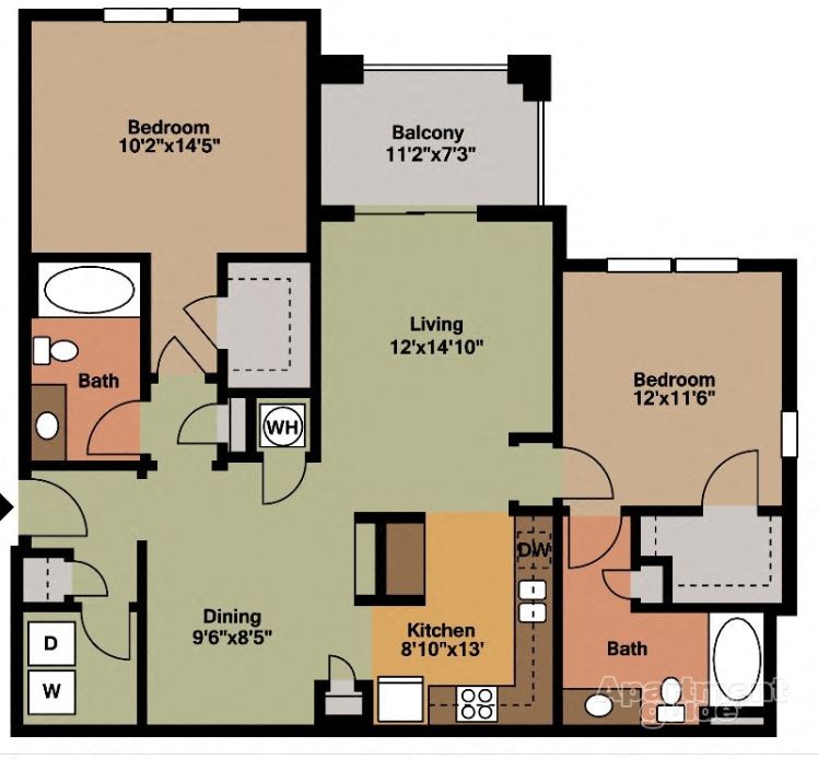Floor plan for 2 beds, 2 baths, 1159 sqft